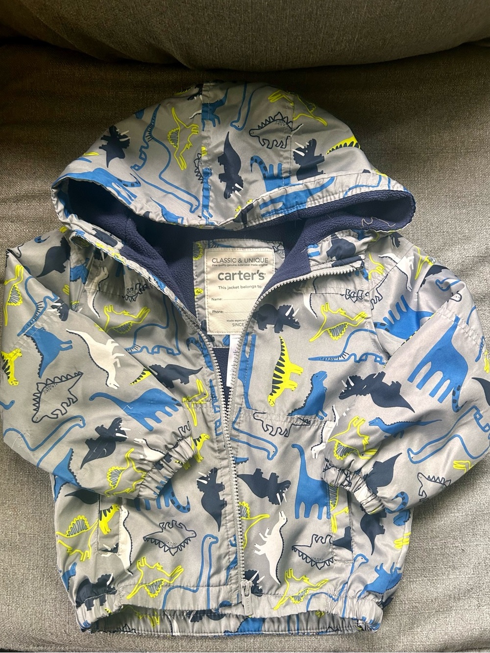 Carter's Gray Hooded Dinosaur Print Jacket with Blue & Neon Yellow Accents 4t